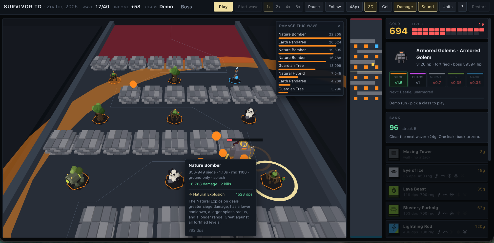Survivor TD running in a browser in its 3D view, with a tower's damage tooltip open, the current creep's armour multipliers, and the tower shop along the right